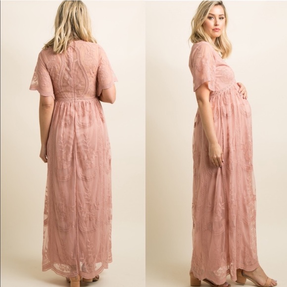 Pinkblush Pink Lace Overlay V Neck Maternity Maxi Dress - Picture 2 of 15